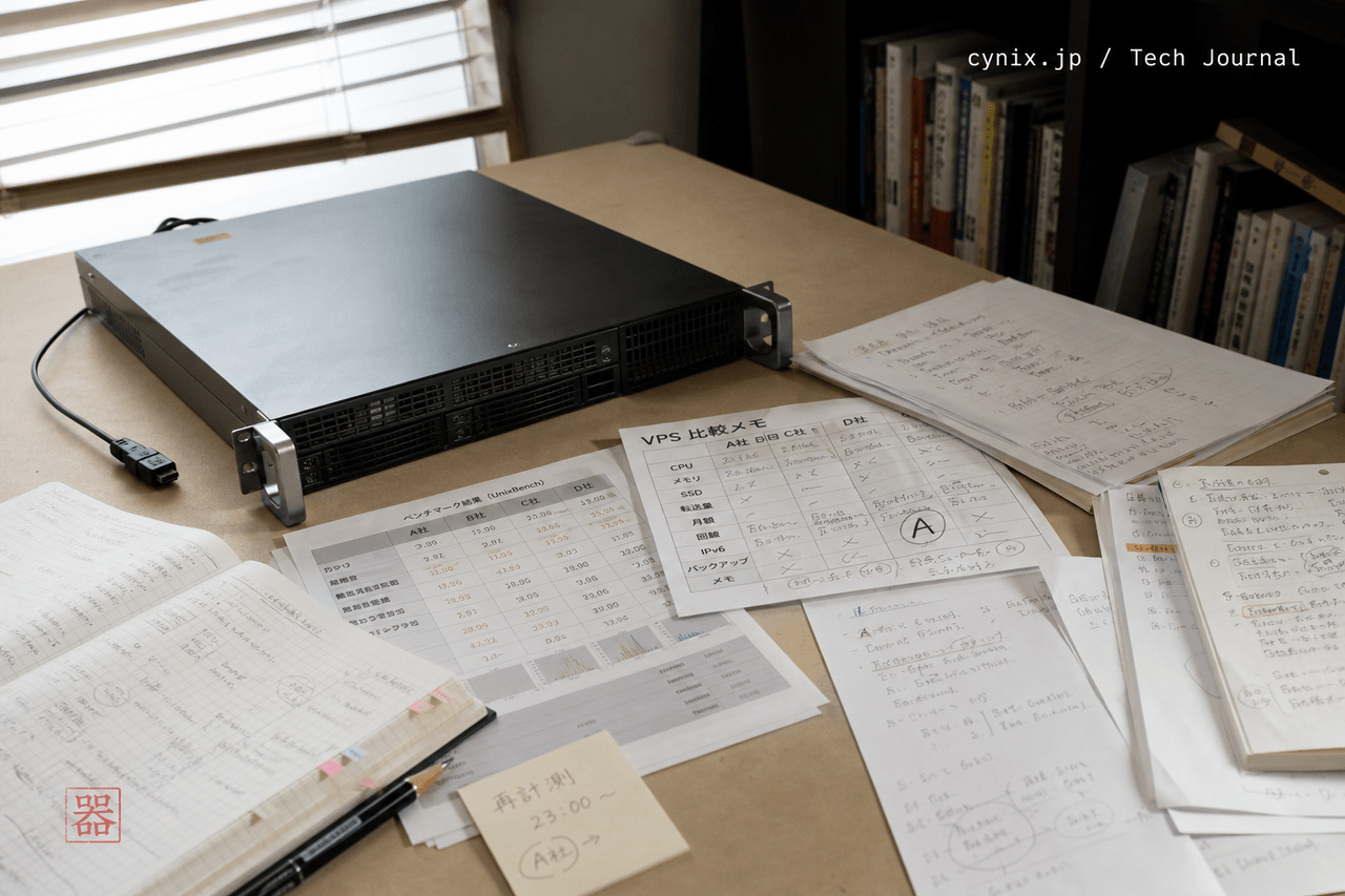 編集部デスク上の小型サーバーと運用メモ、VPS比較検証の記録